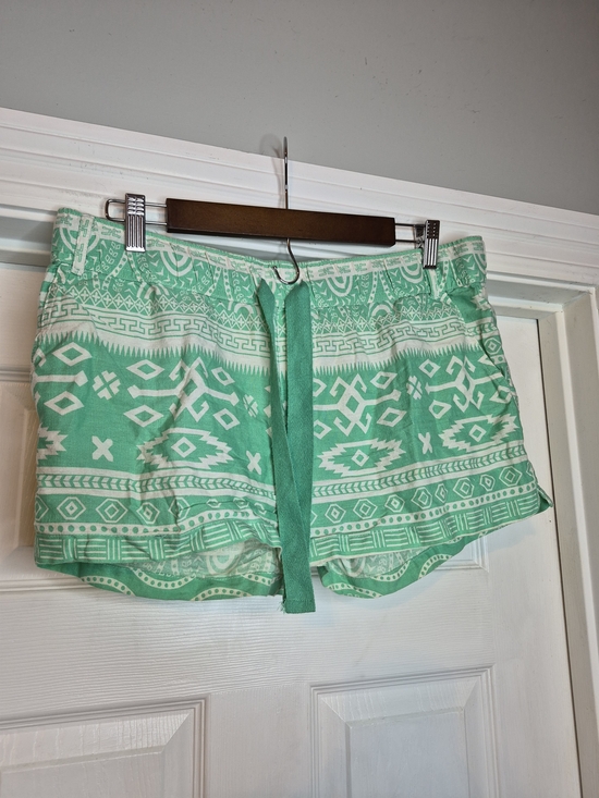 Lagaci Pants - Lagaci Mint Green and White Printed Shorts with Drawstring Cotton Linen Size Xl